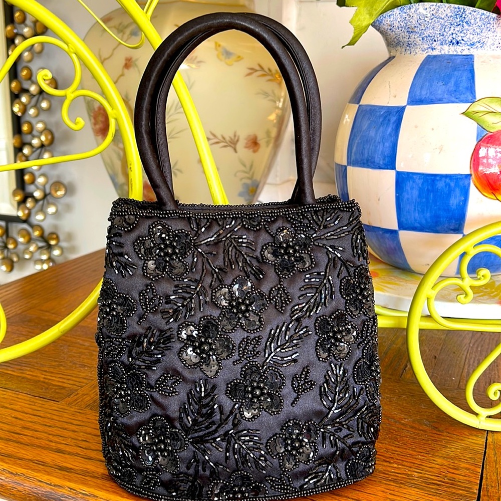 NWOT Black beaded satin evening mini handbag
